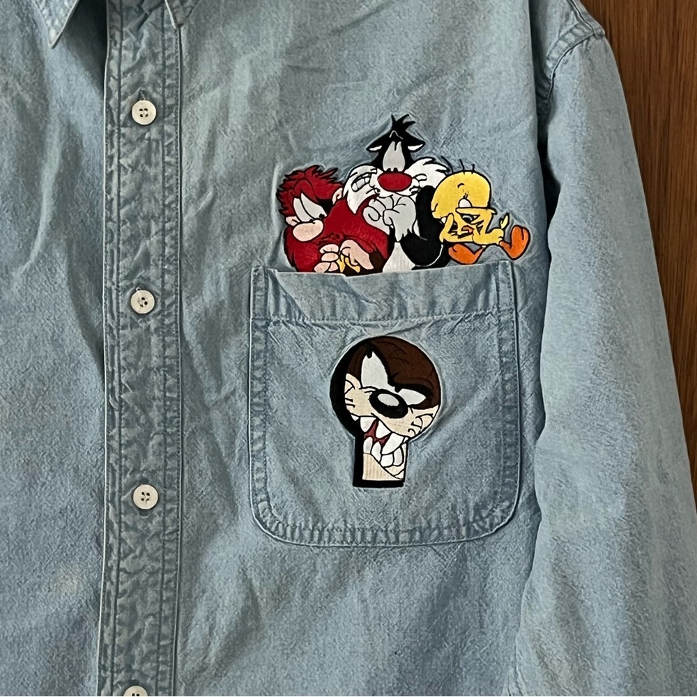 Warner Bros. Studio Store Vintage Medium Blue Unisex Denim Button Down Shirt - Picture 5 of 8